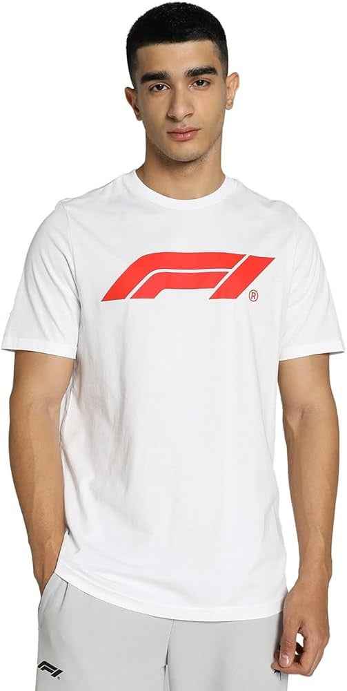 F1 red logo white cotton T-shirt with crew neck design displayed on model