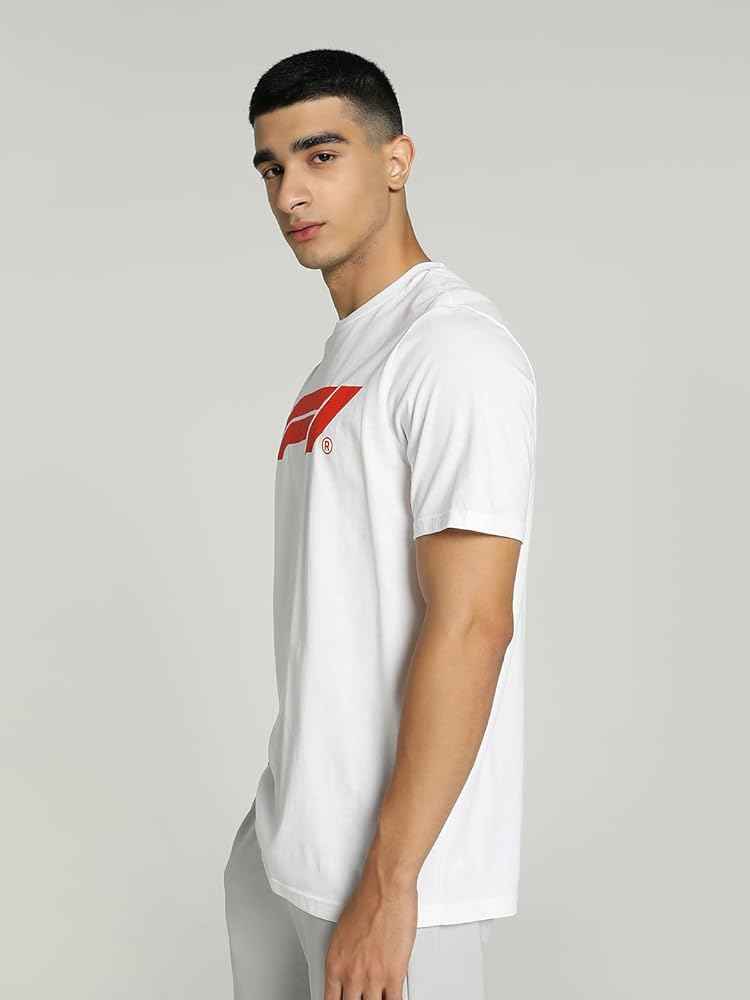 F1 red logo white cotton T-shirt with crew neck design displayed on model