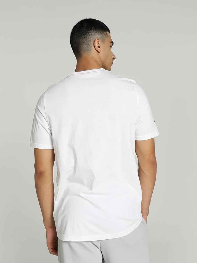 F1 red logo white cotton T-shirt with crew neck design displayed on model