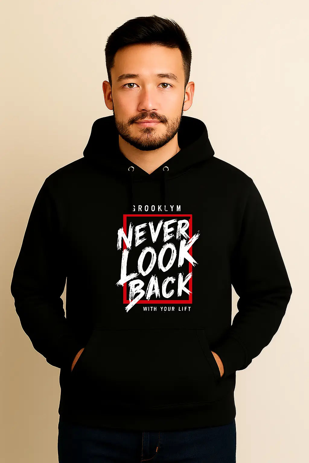 Black Hoodie Front Side Design Name Never Look Back
