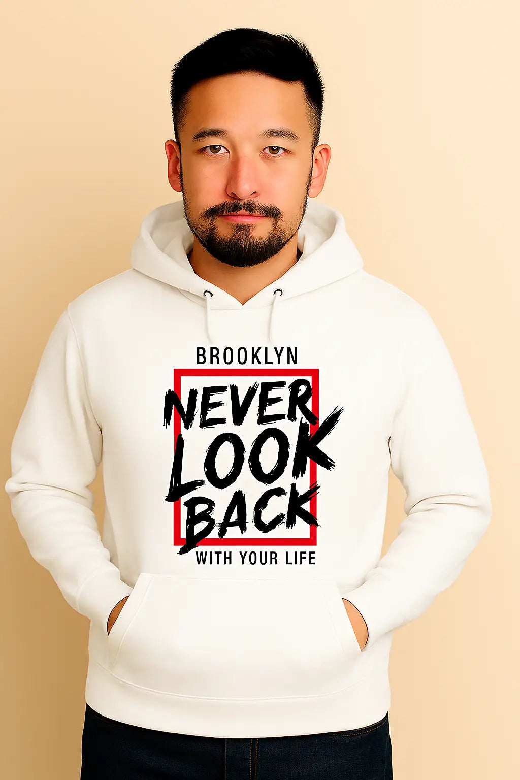 White Hoodie Front Side Design Name Never Look Back