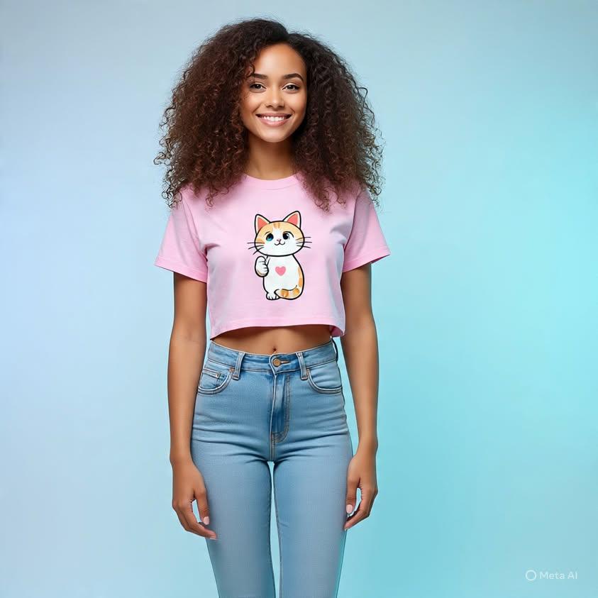 Lucky Cat Graphic Crop Top – Black Casual Streetwear Tee for Women