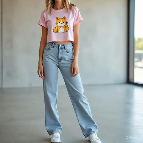 Lucky Cat Graphic Crop Top – Black Casual Streetwear Tee for Women