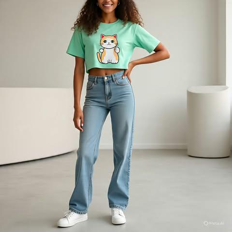 Lucky Cat Graphic Crop Top – Black Casual Streetwear Tee for Women