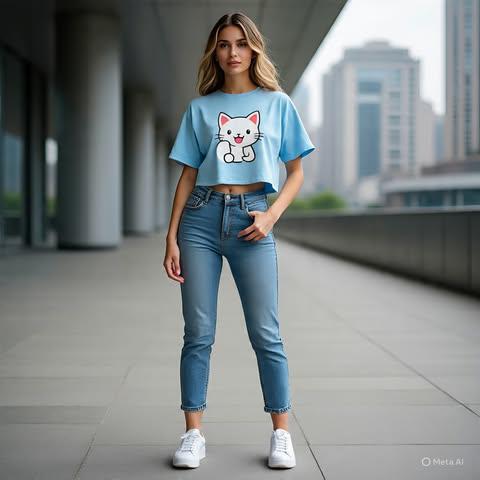 Lucky Cat Graphic Crop Top – Black Casual Streetwear Tee for Women