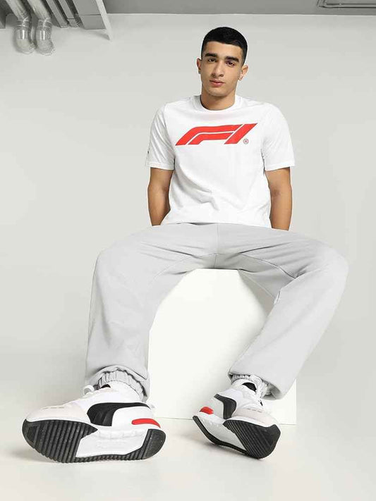 F1 red logo white cotton T-shirt with crew neck design displayed on model