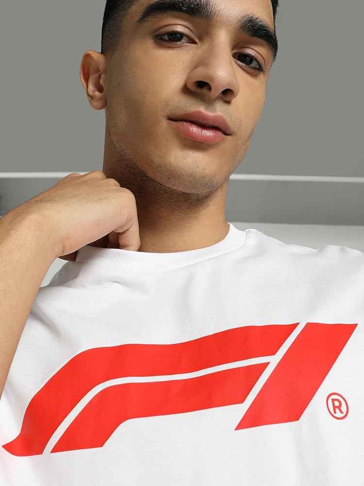 F1 red logo white cotton T-shirt with crew neck design displayed on model