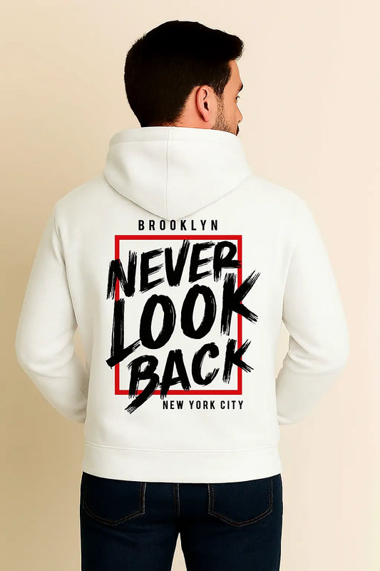 White Hoodie Front Side Design Name Never Look Back