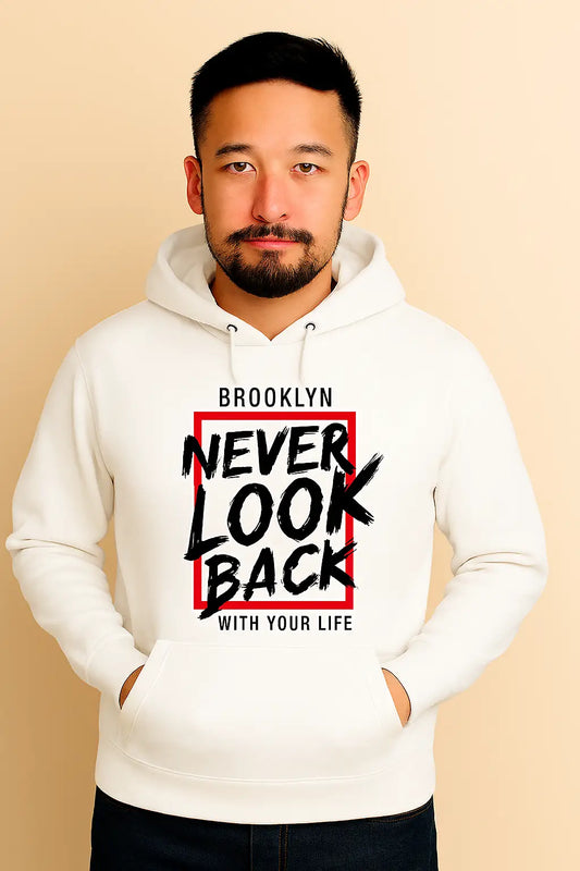 White Hoodie Front Side Design Name Never Look Back