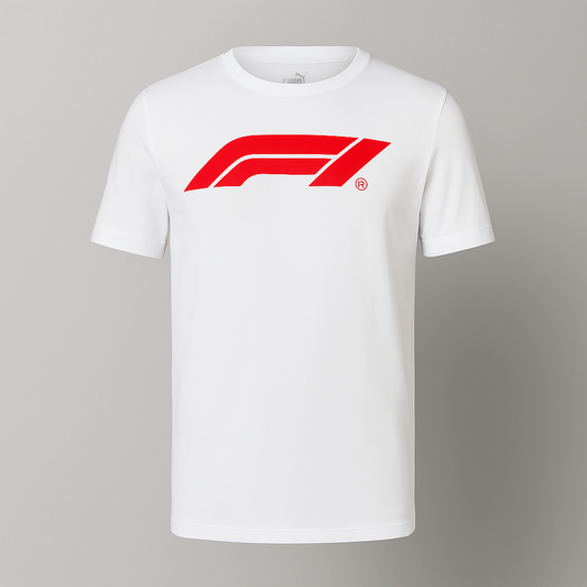 F1 red logo white cotton T-shirt with crew neck design displayed on model